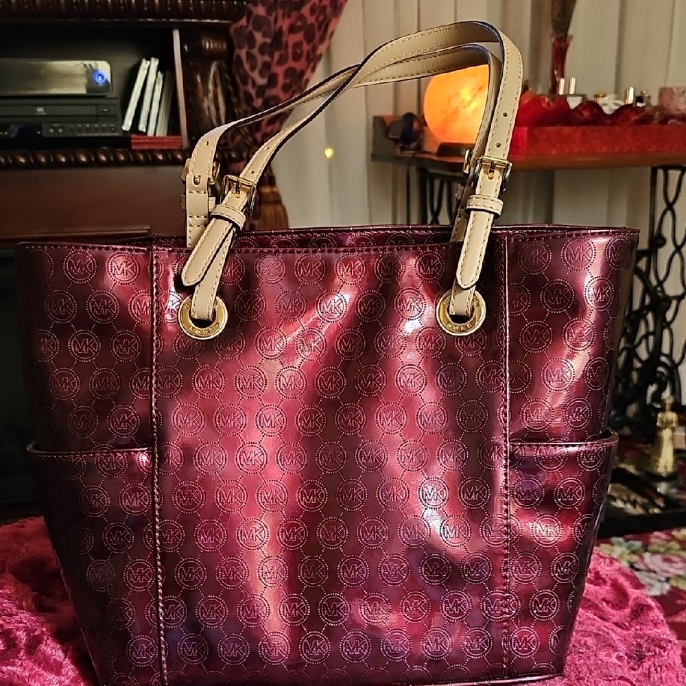Michael Kors Red Leather Tote with Silver Hardware